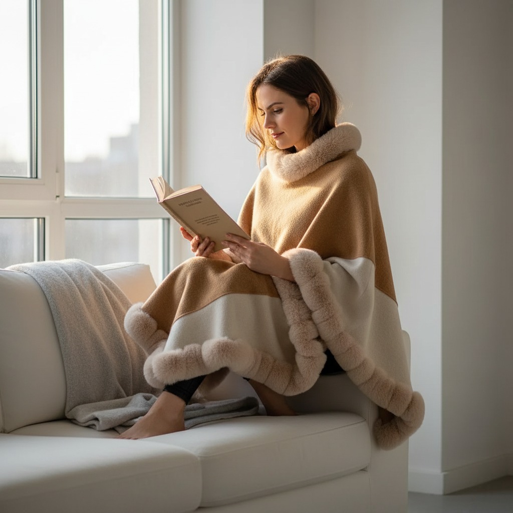 Femme lisant tranquillement sur un canapé, enveloppée dans un poncho beige. Lumière naturelle, intérieur sobre, ambiance calme et douceur.